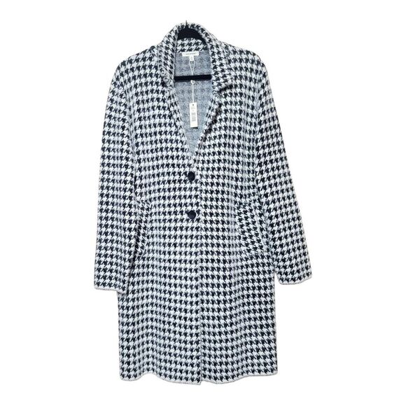 Max Studio Black White L Houndstooth Angora Look Long Coat Super Soft Knit - Picture 11 of 11